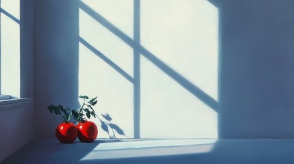 tomatoes contrasts with the plain white walls, their shadows stretching elegantly and subtly across the room
