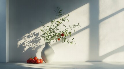 tomatoes contrasts with the plain white walls, their shadows stretching elegantly and subtly across the room