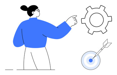 Person gestures toward gear and target board, symbolizing strategy, teamwork, innovation, goal achievement, planning, analysis, and focus. Ideal for business concepts startups or simple landing