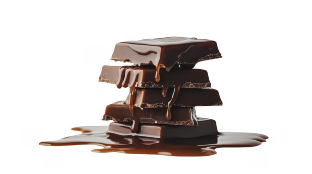 Irresistible pile of chocolate squares coated in decadent caramel syrup, a sweet temptation and confectionary delight, on a transparent background, PNG image, PNG file.