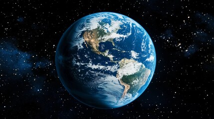 A blue and white planet with a white cloud in the sky