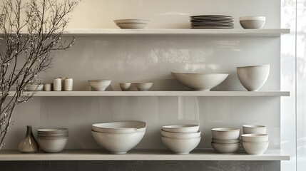 luxury ceramics, arranged on shelves to create a serene and elegant atmosphere in a stylish, contemporary setting