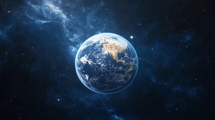 A blue and white planet in the middle of a dark sky