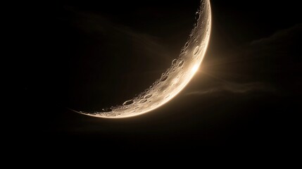 A crescent moon is lit up by the sun