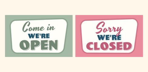 Two retro-style signs announce a business's open and closed status. Business vector illustration.
