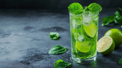 A glass of limeade with a few lime slices on the table