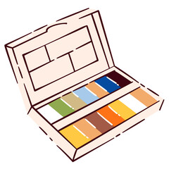 Cartoon watercolor paint set art tool for painting and creative projects. Cute doodle watercolor paint set for artists and kids. Vector illustration.