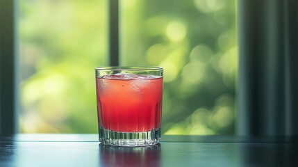 A glass of red liquid sits on a table