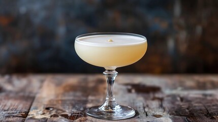 A glass of white liquid in a champagne flute sits on a wooden table
