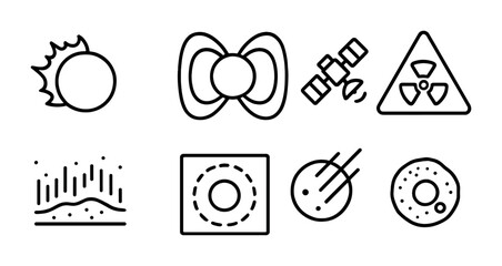 Space and astronomy outline icons set – linear style cosmic exploration, celestial objects, and galaxy symbols for educational use: sun, black hole, satellite, comet, radiation, cosmic wave.
