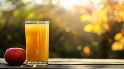 A glass of orange juice sits on a table next to an apple
