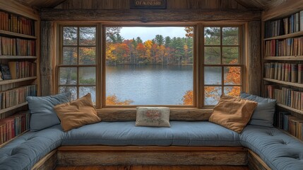 Fototapeta premium Cozy Autumnal Reading Nook with Lake View