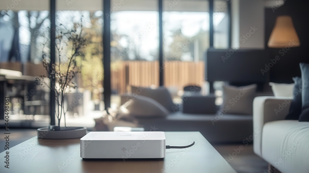 Poster the wi-fi router is placed on a modern table, delivering high-speed internet throughout the room whi