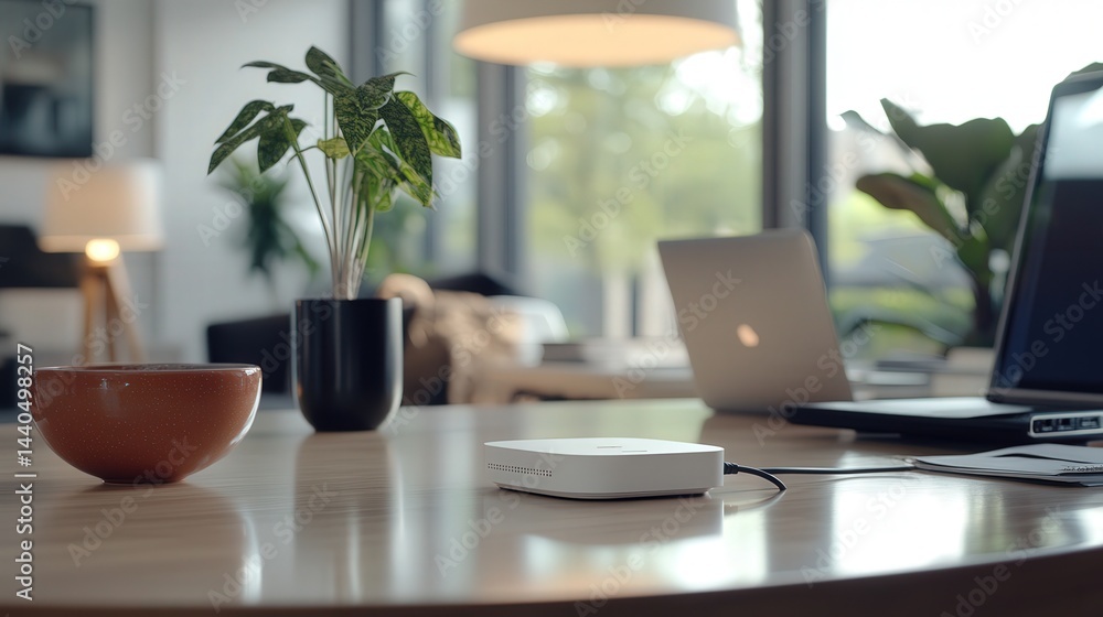Poster the table in a stylish office emits a steady signal, offering uninterrupted internet access to the e