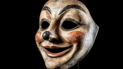 Half clown mask on black background - theatrical and dramatic. 