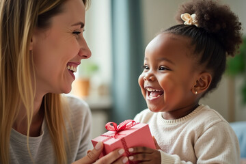 mother and daughter with gift boxes. Mother's Day concept