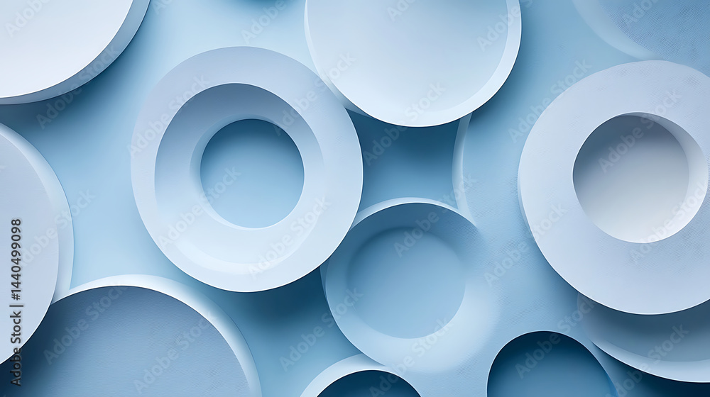 Poster abstract blue tones background with 3d rendered rings and circles minimalist geometric pattern playf