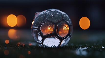 Glowing, transparent soccer ball on wet grass at night