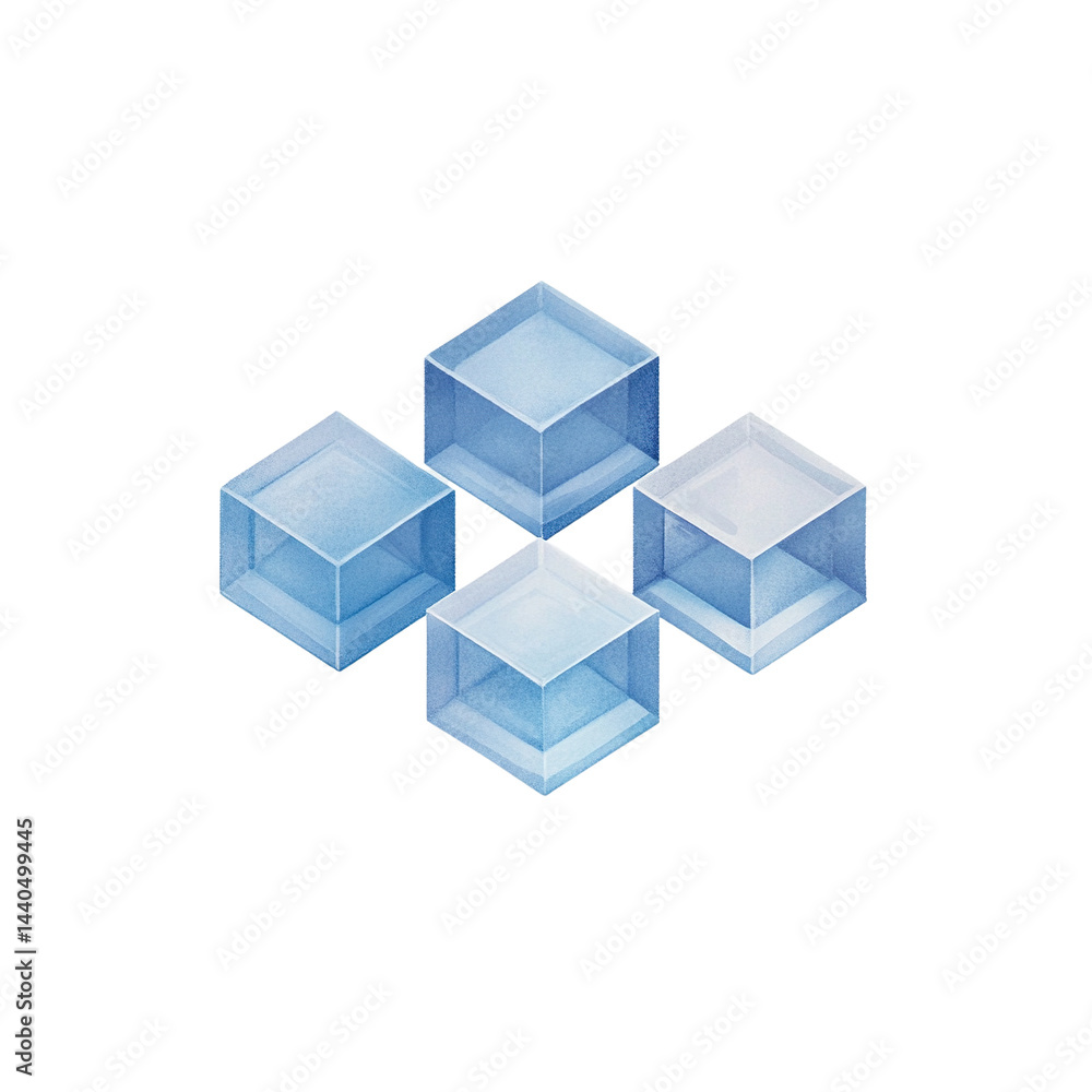 Poster arrangement of translucent cubes with glowing edges against a dark void backdrop