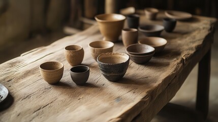 collection of clay cups and bowls, each piece with a unique finish and texture, evoking a sense of natural beauty and artisanal quality