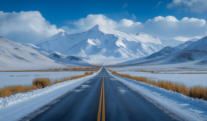 A scenic winter road through mountains