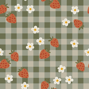 Seamless vector pattern in flat cartoon style. Strawberries, flowers, and leaves on a green gingham background. Bright and playful design perfect for kids' textiles, wrapping paper, and summer themes.