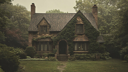 Fototapeta premium Vintage rental home with ivy walls, surrounded by lush greenery and overcast sky