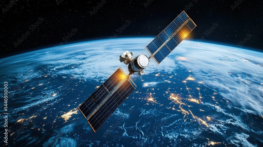 Poster satellite in orbit beaming ultra-fast internet signals to earth, illuminating a network of interlink