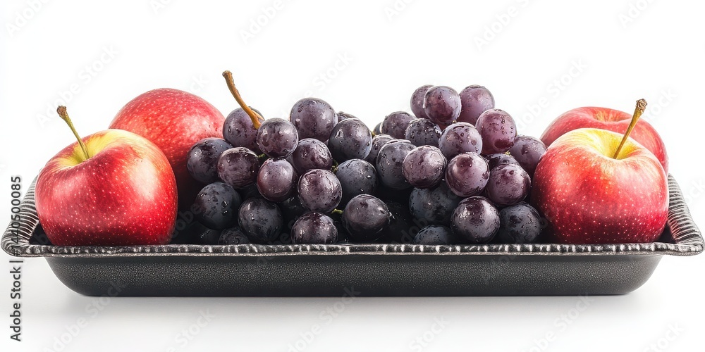 Poster a vibrant, glittering tray of grapes and an apple, isolated white.
