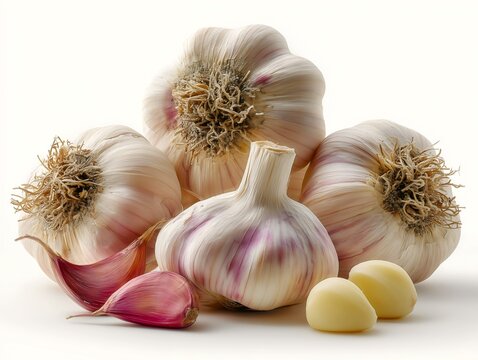 Whole garlic heads with characteristic papery skin showing hints of pink, fibrous roots, peeled and unpeeled.