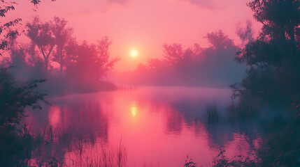 Pink Sunset Over a Misty Lake Illustration