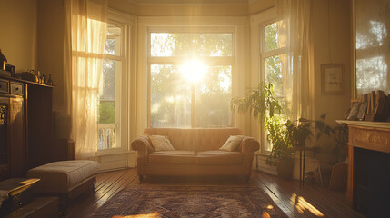 cozy living room with sunlight streaming through large windows, creating warm atmosphere