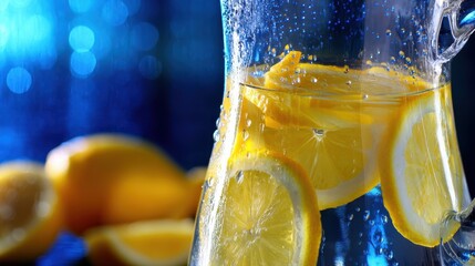 Refreshing pitcher of lemonade with lemon slices against a vibrant blue background