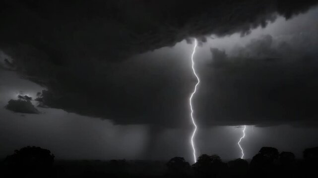 Dramatic black and white scene of lightning and thunder with trees and sky at twilight