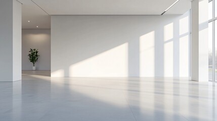 Obraz premium Minimalist interior space with large windows, bright natural light casting shadows, ideal for creative work or presentations.