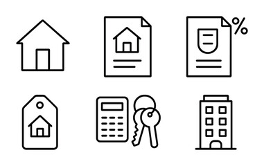 Real estate outline icon set – linear property, mortgage, and housing graphics for real estate marketing: house, document, loan, price tag, calculator, keys, building.