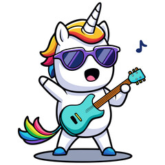 Sticker design of  chibi unicorn with sunglasses and a guitar