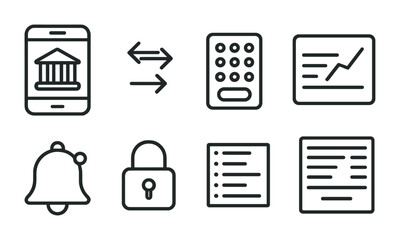 Finance and banking outline icons set – linear style for business, money, and financial operations: mobile banking, exchange rate, calculator, analytics, notification, security, document.