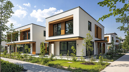 Modern sustainable homes with timber details surrounded by greenery