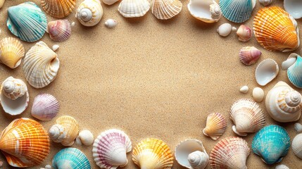 Obraz premium Colorful seas arranged in a semi-circle on sandy beach with empty space in center for text or design, perfect for summer, vacation, or seaside themes