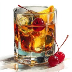 Old Fashioned Cocktail with Orange Peel and Cherry Garnish.