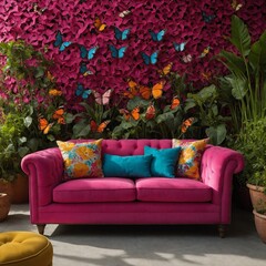 A hot pink sofa surrounded by vibrant butterfly gardens.