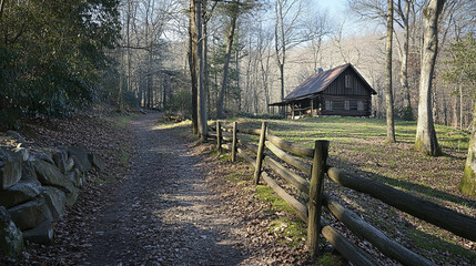 Fototapeta premium serene woodland path leads to rustic cabin surrounded by trees and wooden fence