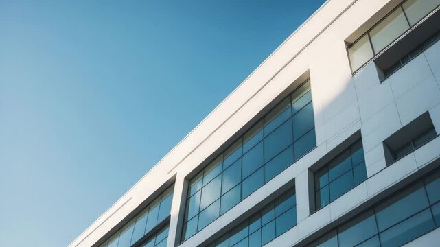 Modern office building exterior showcasing a glass window facade set against a clear sky. Element of the facade of a structure.