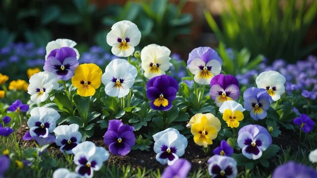 Vibrant pansy flowers. Pansies showcasing white, yellow, and purple petals. Various pansies arranged in a flower bed.
