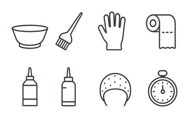Hairdressing tools outline icon set – linear style hair care, salon equipment, and styling symbols: mixing bowl, brush, glove, towel, dye bottle, hair dryer cap, stopwatch.