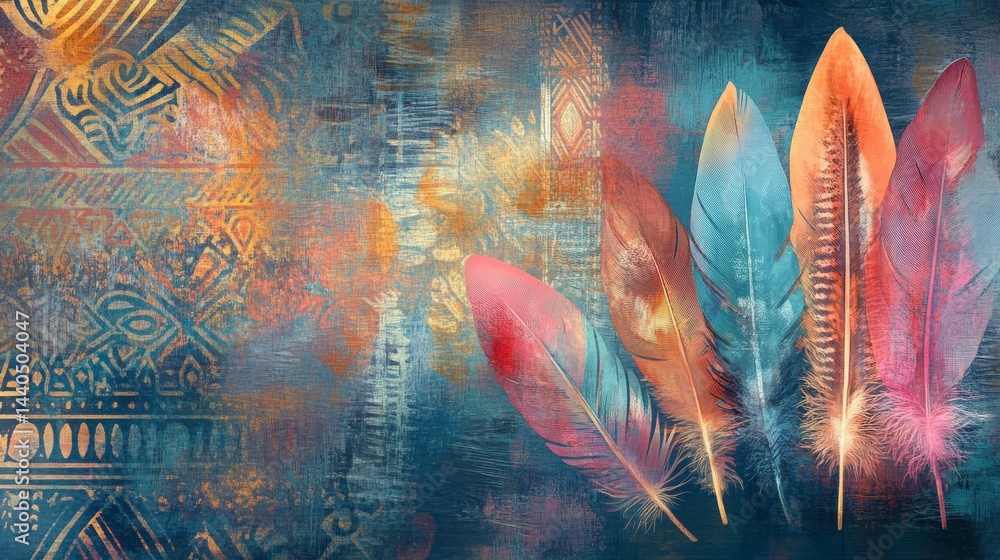 Poster colorful feathers on textured background with ornate patterns
