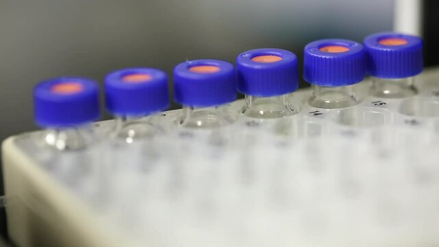 Close up of science experiment Vials filling inside an autosampler of an HPLC machine inside view in a Scientific experimental laboratory for research development analysis and ipqa test study	