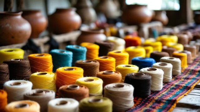 Traditionally woven items made from naturally dyed wool at a workshop.