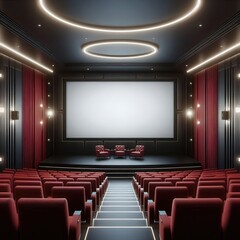 Obraz premium A modern cinema interior featuring red seats, an empty screen, and stylish lighting, perfect for promoting movie theaters, film events, or cinematic experiences.